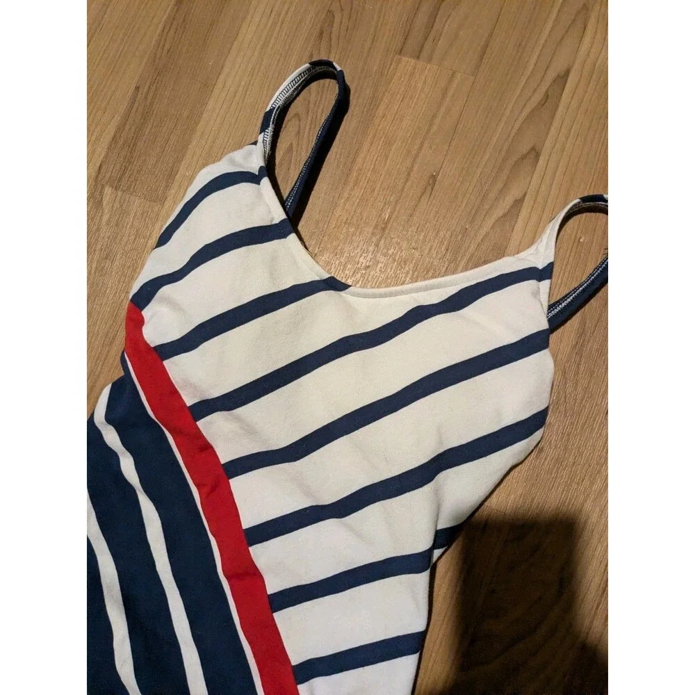VTG Rose Marie Reid 1 Piece Cotton Blend Stripe Lined Swimsuit High Leg Low Back